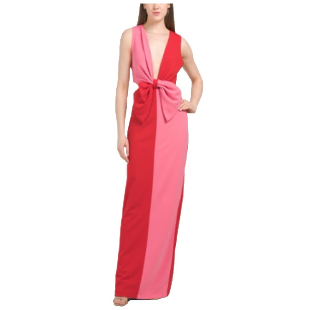 One 33 Social Color Block Bow Front Gown Side Cutouts Pink‎ Red 8 Event Dress